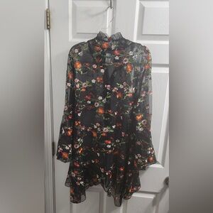 Sheer Black Floral Ruffled High-Neck Tunic
